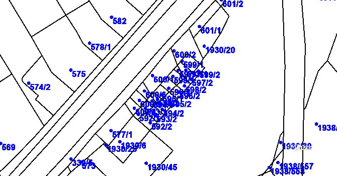 Parcela st. 596/1 v KÚ Bystrc, Katastrální mapa