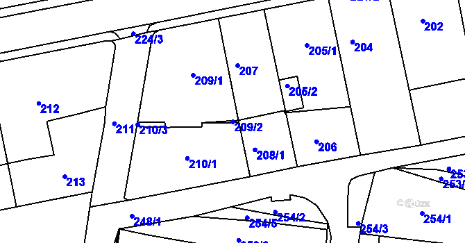 Parcela st. 209/2 v KÚ Kníničky, Katastrální mapa