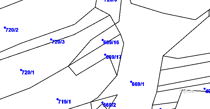Parcela st. 669/17 v KÚ Kníničky, Katastrální mapa