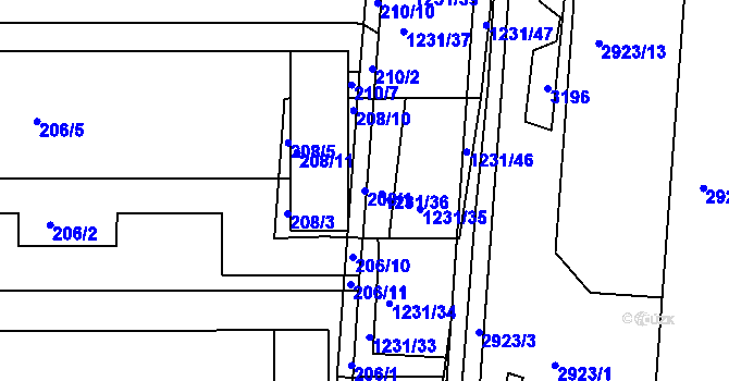 Parcela st. 208/1 v KÚ Bohunice, Katastrální mapa