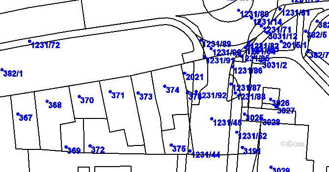 Parcela st. 374 v KÚ Bohunice, Katastrální mapa