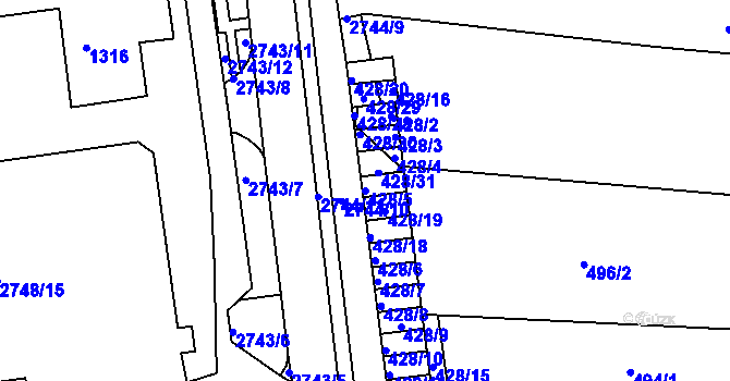 Parcela st. 428/5 v KÚ Bohunice, Katastrální mapa