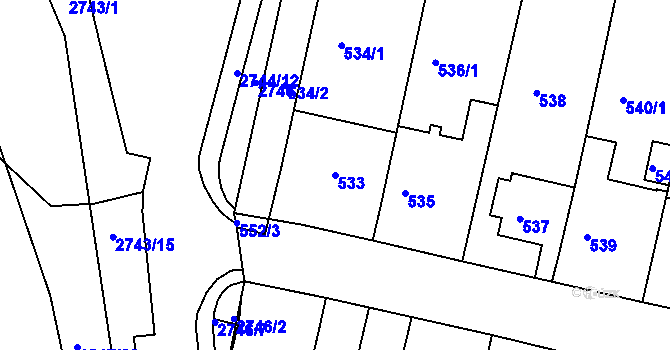 Parcela st. 533 v KÚ Bohunice, Katastrální mapa