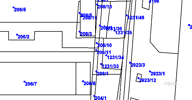 Parcela st. 206/11 v KÚ Bohunice, Katastrální mapa