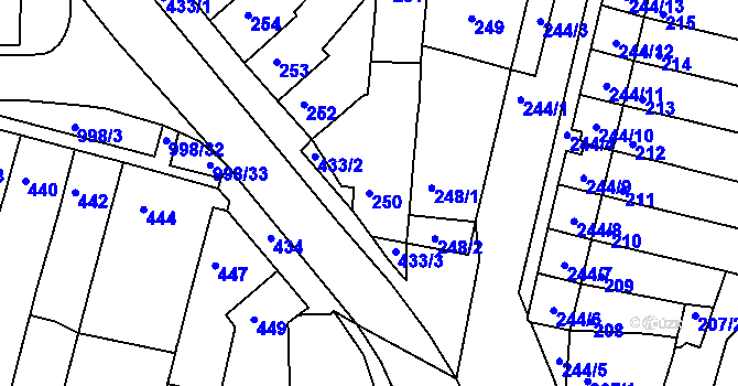 Parcela st. 250 v KÚ Starý Lískovec, Katastrální mapa