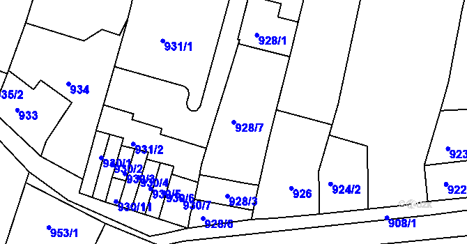 Parcela st. 928/7 v KÚ Starý Lískovec, Katastrální mapa