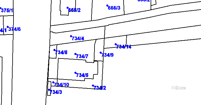 Parcela st. 734/9 v KÚ Horní Heršpice, Katastrální mapa