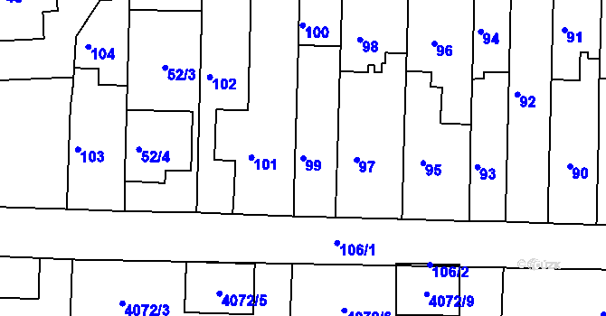 Parcela st. 99 v KÚ Tuřany, Katastrální mapa