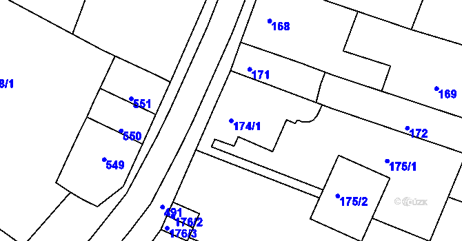 Parcela st. 174/1 v KÚ Tuřany, Katastrální mapa