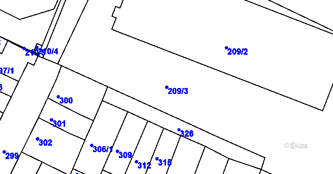 Parcela st. 209/3 v KÚ Tuřany, Katastrální mapa