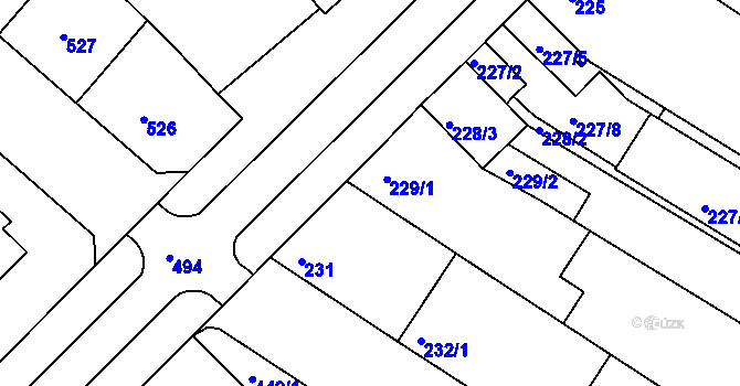 Parcela st. 229/1 v KÚ Tuřany, Katastrální mapa