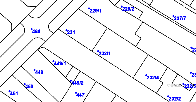 Parcela st. 232/1 v KÚ Tuřany, Katastrální mapa