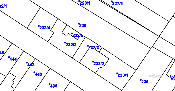Parcela st. 232/3 v KÚ Tuřany, Katastrální mapa