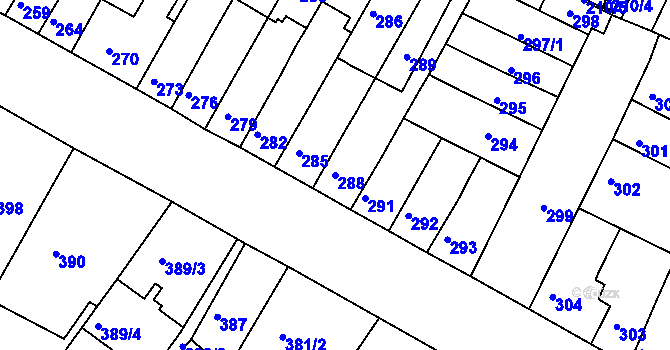 Parcela st. 288 v KÚ Tuřany, Katastrální mapa