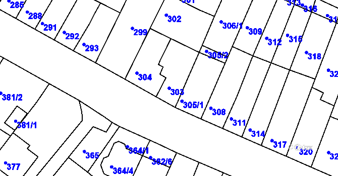 Parcela st. 303 v KÚ Tuřany, Katastrální mapa