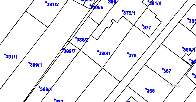 Parcela st. 380/1 v KÚ Tuřany, Katastrální mapa