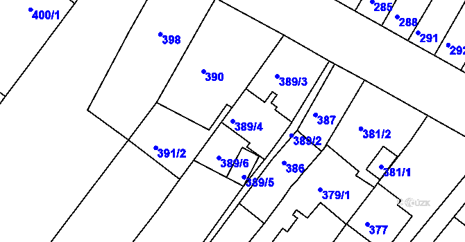 Parcela st. 389/4 v KÚ Tuřany, Katastrální mapa