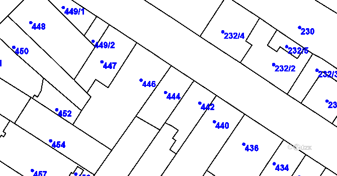 Parcela st. 444 v KÚ Tuřany, Katastrální mapa