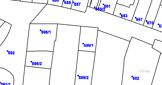 Parcela st. 599/1 v KÚ Tuřany, Katastrální mapa