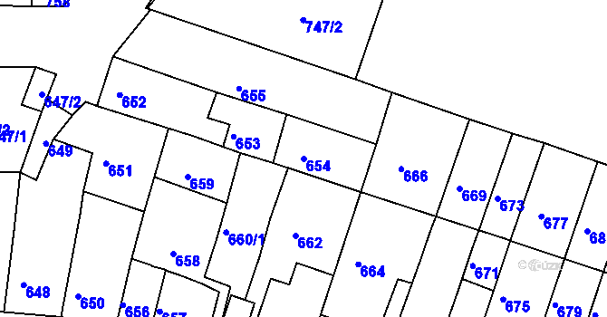 Parcela st. 654 v KÚ Tuřany, Katastrální mapa