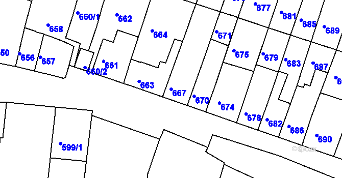 Parcela st. 667 v KÚ Tuřany, Katastrální mapa