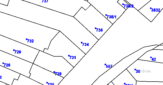 Parcela st. 734 v KÚ Tuřany, Katastrální mapa