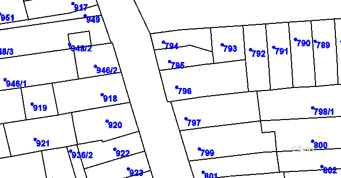 Parcela st. 796 v KÚ Tuřany, Katastrální mapa