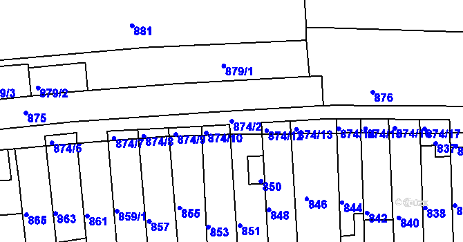 Parcela st. 874/2 v KÚ Tuřany, Katastrální mapa