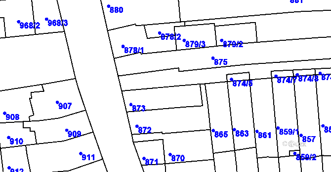 Parcela st. 874/3 v KÚ Tuřany, Katastrální mapa