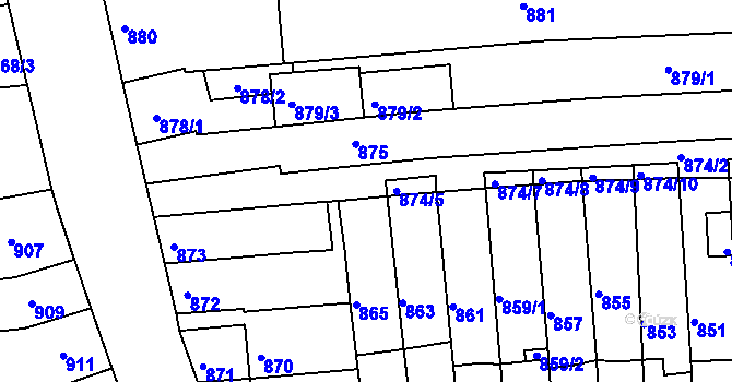Parcela st. 874/4 v KÚ Tuřany, Katastrální mapa