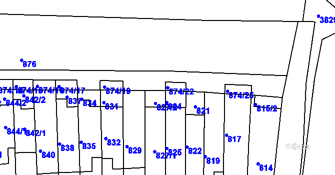 Parcela st. 874/22 v KÚ Tuřany, Katastrální mapa