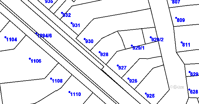 Parcela st. 928 v KÚ Tuřany, Katastrální mapa