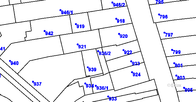 Parcela st. 936/2 v KÚ Tuřany, Katastrální mapa