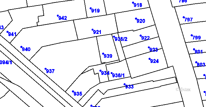 Parcela st. 939 v KÚ Tuřany, Katastrální mapa