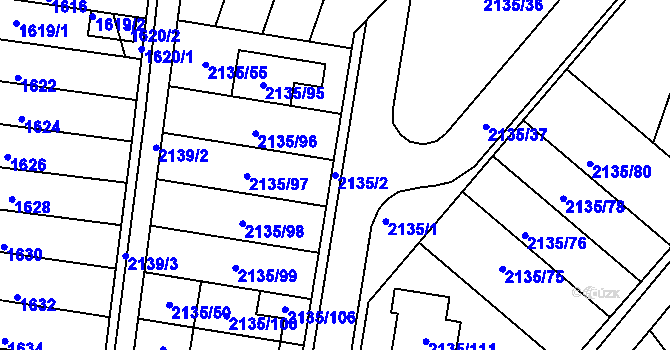 Parcela st. 2135/2 v KÚ Tuřany, Katastrální mapa