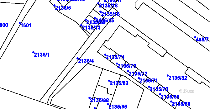 Parcela st. 2135/74 v KÚ Tuřany, Katastrální mapa