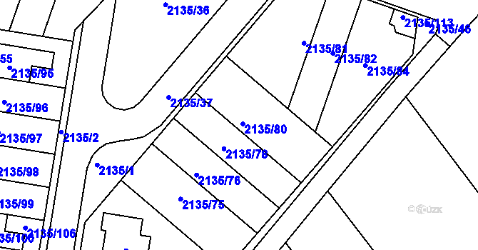 Parcela st. 2135/80 v KÚ Tuřany, Katastrální mapa