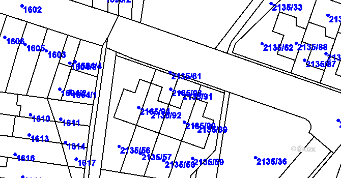 Parcela st. 2135/93 v KÚ Tuřany, Katastrální mapa