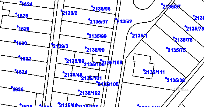 Parcela st. 2135/107 v KÚ Tuřany, Katastrální mapa