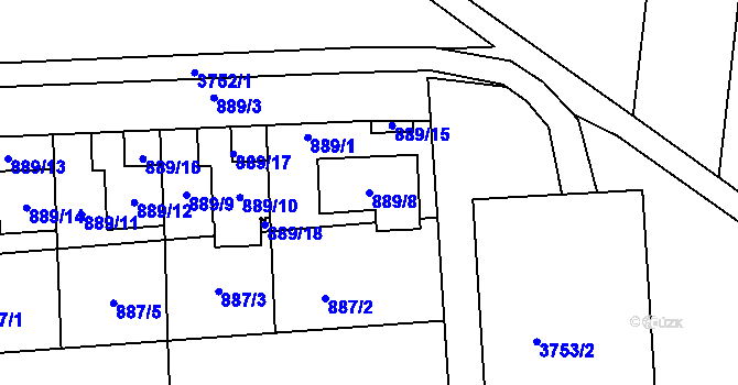 Parcela st. 889/8 v KÚ Tuřany, Katastrální mapa