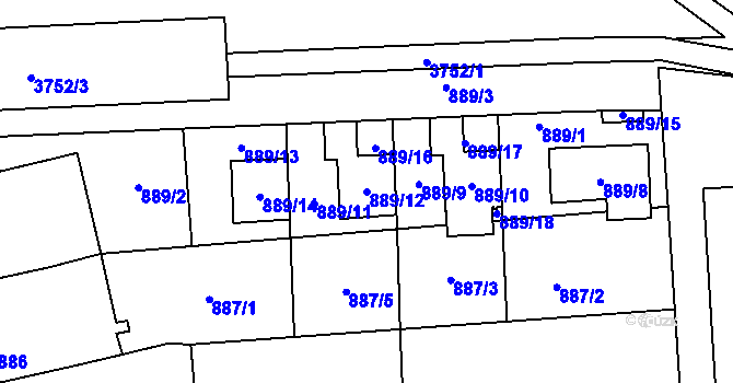 Parcela st. 889/12 v KÚ Tuřany, Katastrální mapa