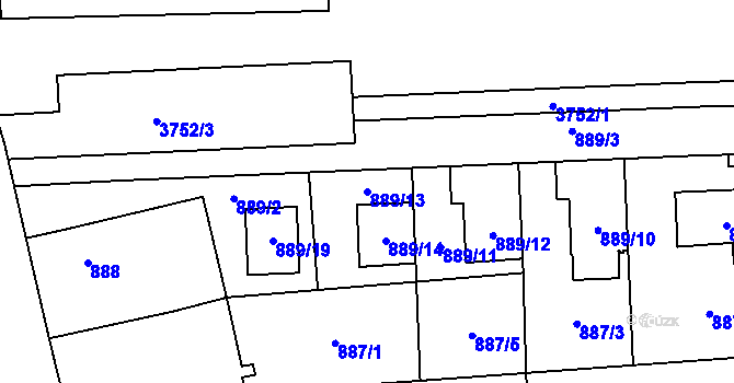Parcela st. 889/13 v KÚ Tuřany, Katastrální mapa