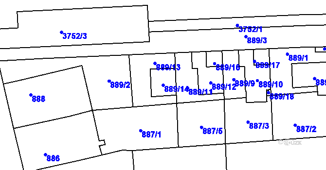 Parcela st. 889/14 v KÚ Tuřany, Katastrální mapa