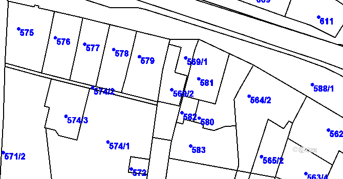 Parcela st. 569/2 v KÚ Tuřany, Katastrální mapa