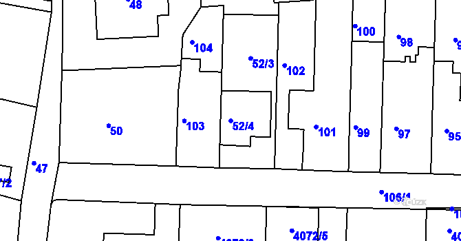 Parcela st. 52/4 v KÚ Tuřany, Katastrální mapa