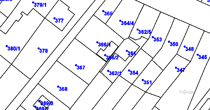 Parcela st. 366/2 v KÚ Tuřany, Katastrální mapa