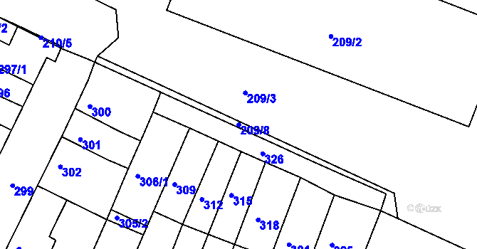Parcela st. 209/8 v KÚ Tuřany, Katastrální mapa