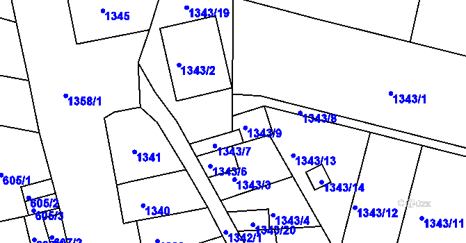 Parcela st. 1343/17 v KÚ Líšeň, Katastrální mapa