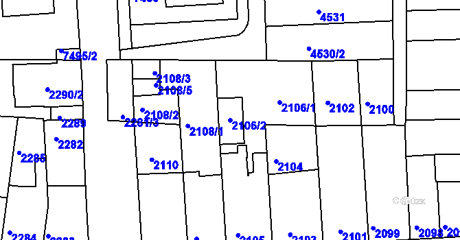 Parcela st. 2106/2 v KÚ Líšeň, Katastrální mapa