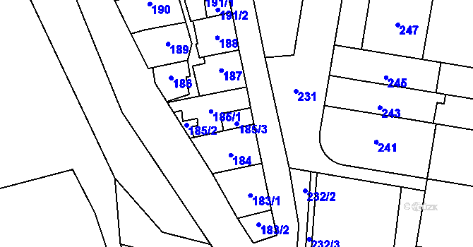 Parcela st. 185/3 v KÚ Maloměřice, Katastrální mapa